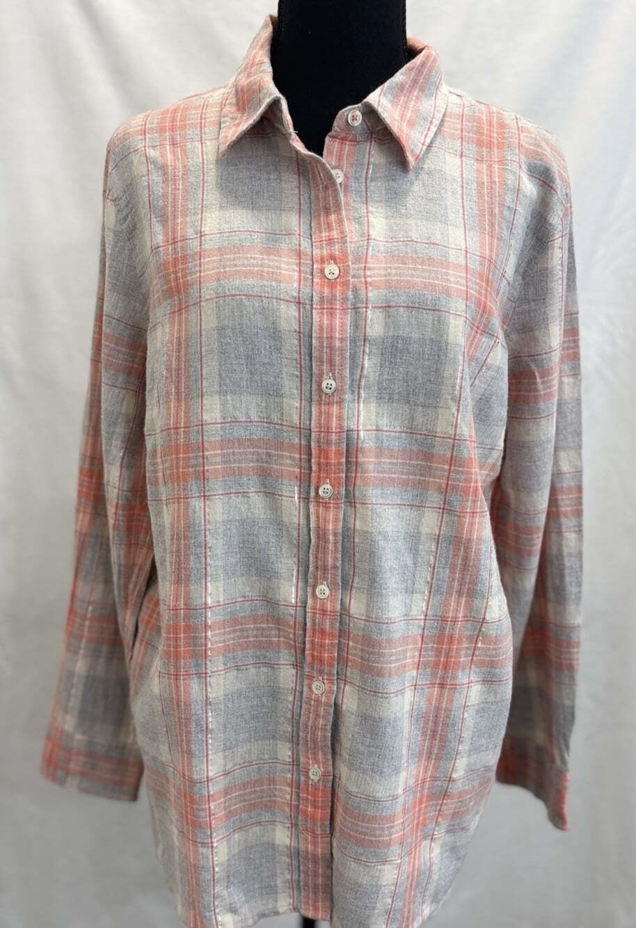 Talbots Plaid Orange Gray Metallic Trim Button Down Shirt Size XL